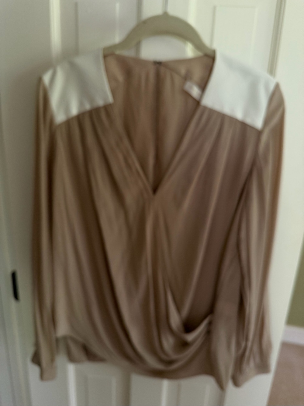 Ramy Brook Taupe Draped V-Neck Blouse with White Shoulder Panels